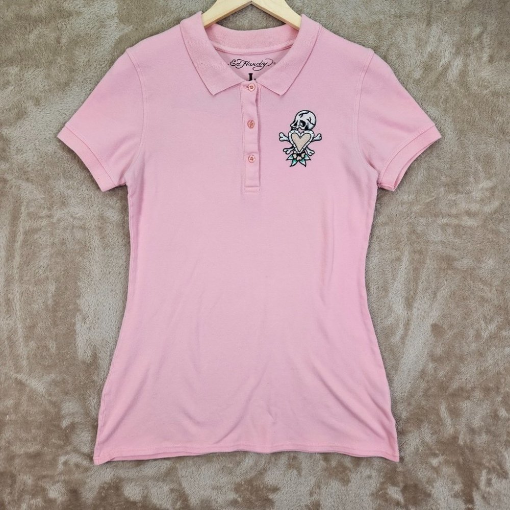 Ed Hardy by Christian Audigier Polo Slim Fit Skull Heart Pink Womens Size L Golf